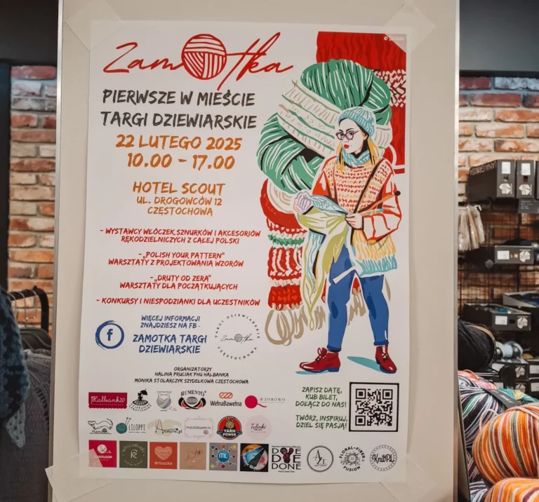 Plakat Targów dziewiarskich Zamotka luty 2025